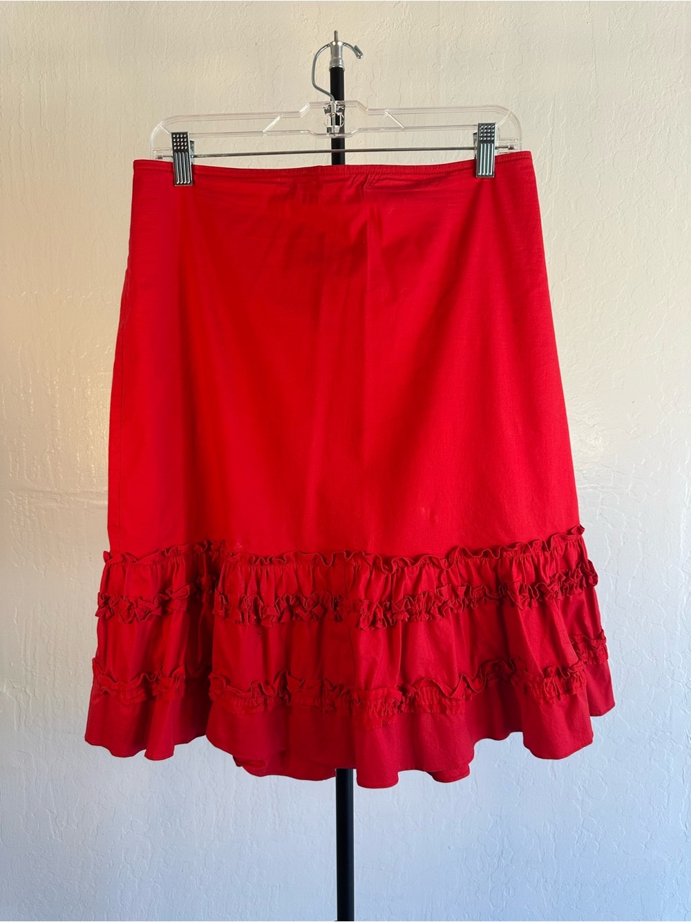 Single Vibrant Red Midi Skirt with Ruffle Hem Tiers